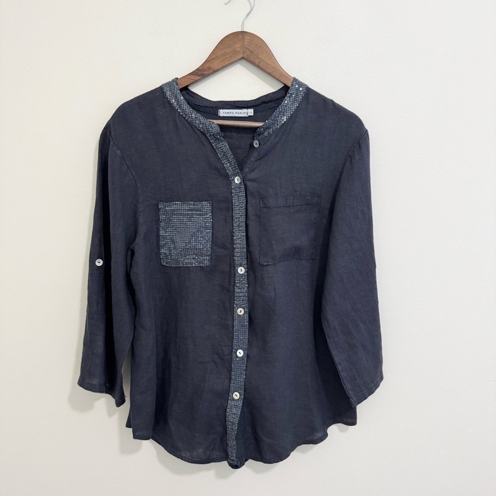 Tempo Paris Grey Linen Pineapple Sequin Top